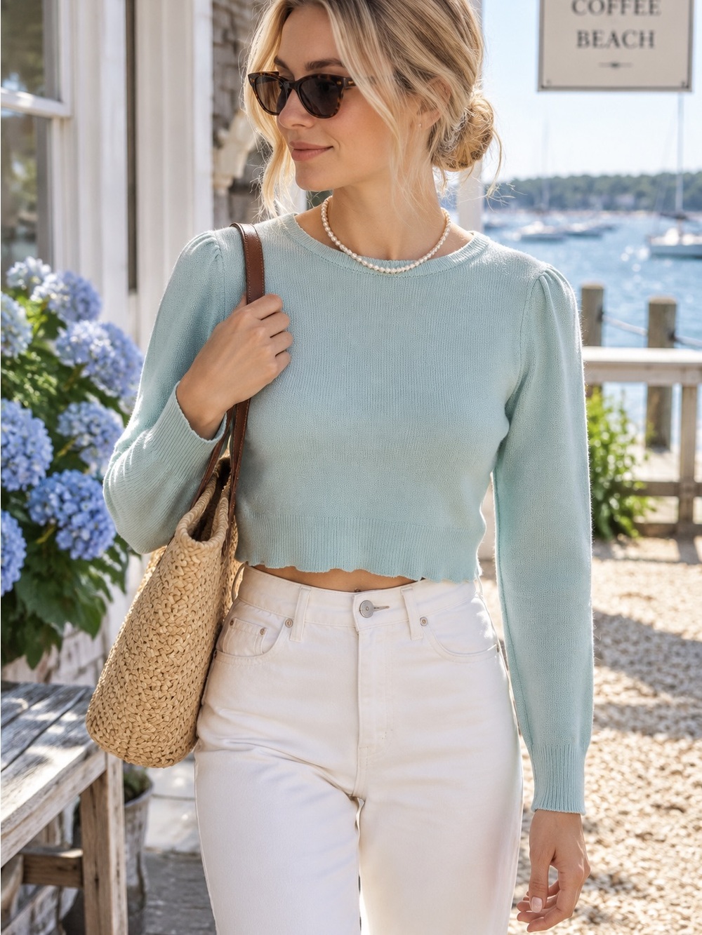LOVESHACKFANCY Aqua Soft Cashmere Wool Distressed Cropped Crewneck Sweater, S